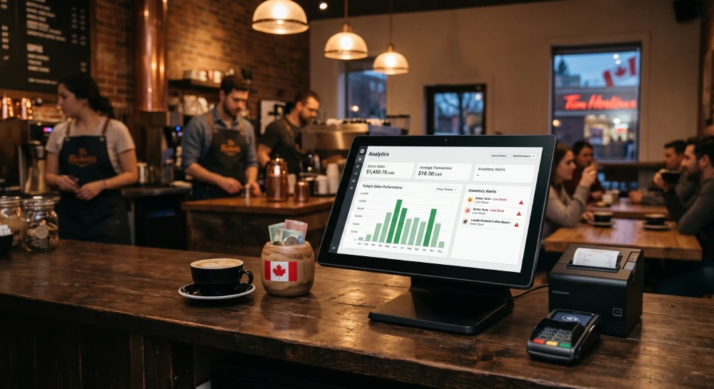 A modern POS system displaying real-time restaurant analytics and food cost tracking.