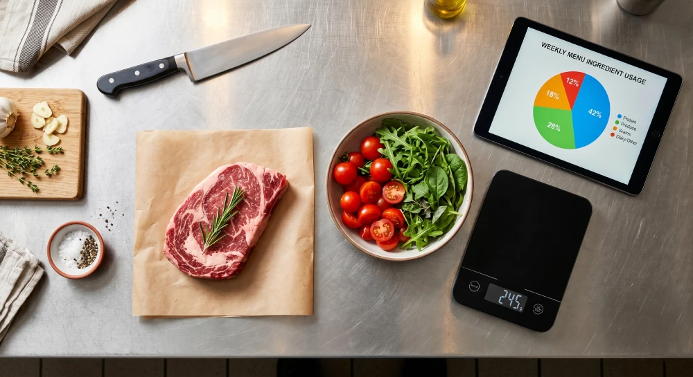 Calculating restaurant food cost percentage using a digital scale and tablet.