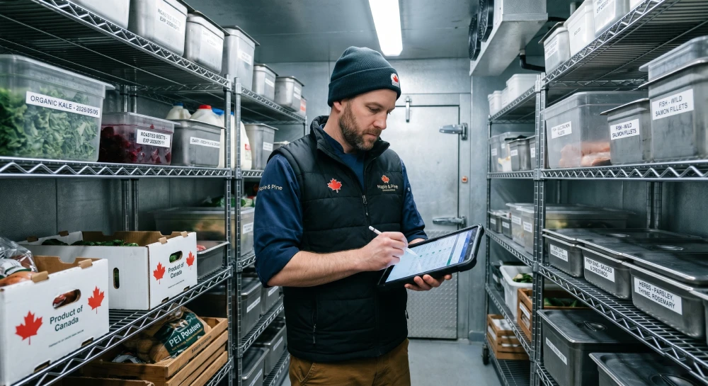 A restaurant manager tracking ingredient inventory in a walk-in cooler to reduce food waste.