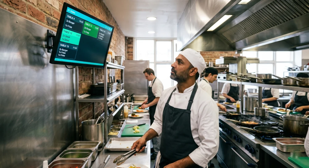 restaurant POS cost savings A chef using a digital Kitchen Display System connected to the front-of-house POS to reduce order errors and food waste.