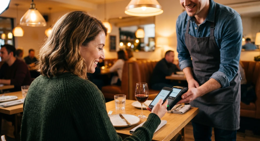 POS system for restaurants A customer using seamless tap-to-pay technology at a restaurant table, speeding up table turnover times.