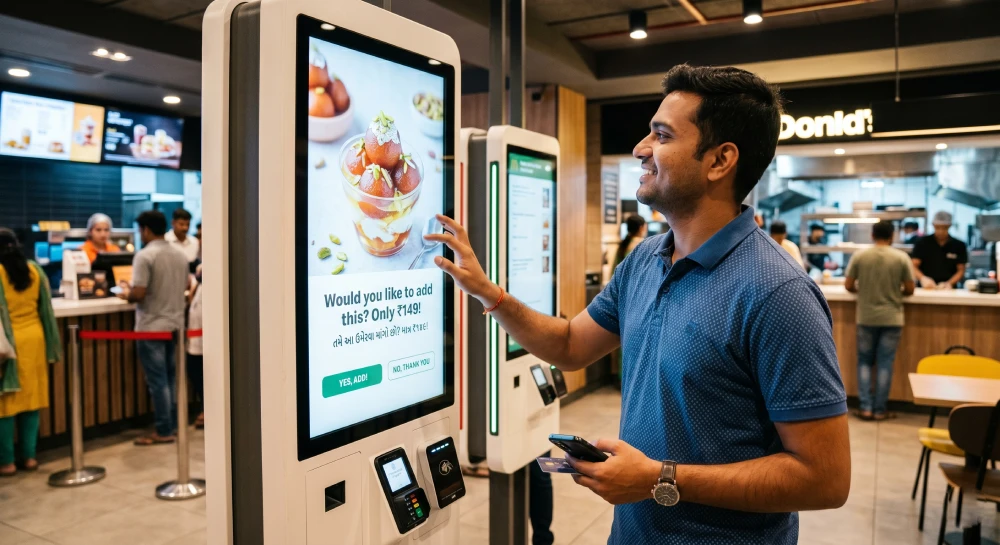 best POS system restaurant A self-ordering restaurant kiosk utilizing AI upselling prompts to increase average check sizes.