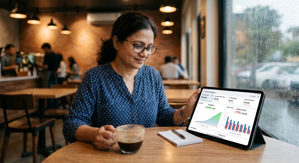 restaurant management software A restaurant manager reviewing an analytics dashboard to track labor optimization, food costs, and revenue growth.