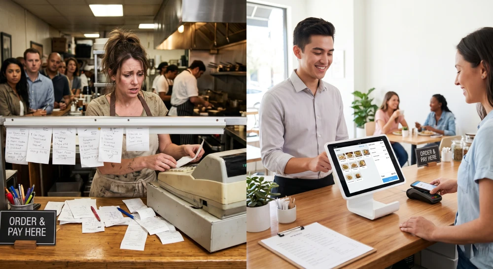 restaurant POS system ROI A comparison showing the efficiency of a modern restaurant POS system versus chaotic manual handwritten orders.